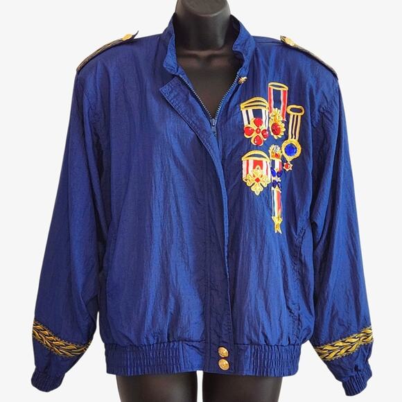VINTAGE 1980s Lavon military bomber windbreaker jacket blue embellished size M - Picture 1 of 10